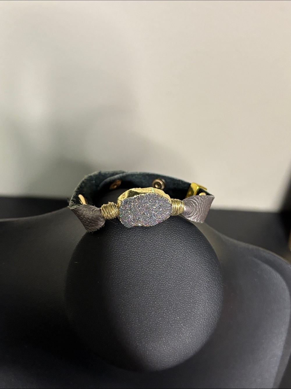 Gray Druzy Stone Leather Wrap Bracelet with Gold Accents Coachella Festival